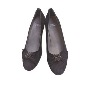 Stuart Weitzman Black Suede Bow Wedge Pumps Chain Detail Round Toe  8N